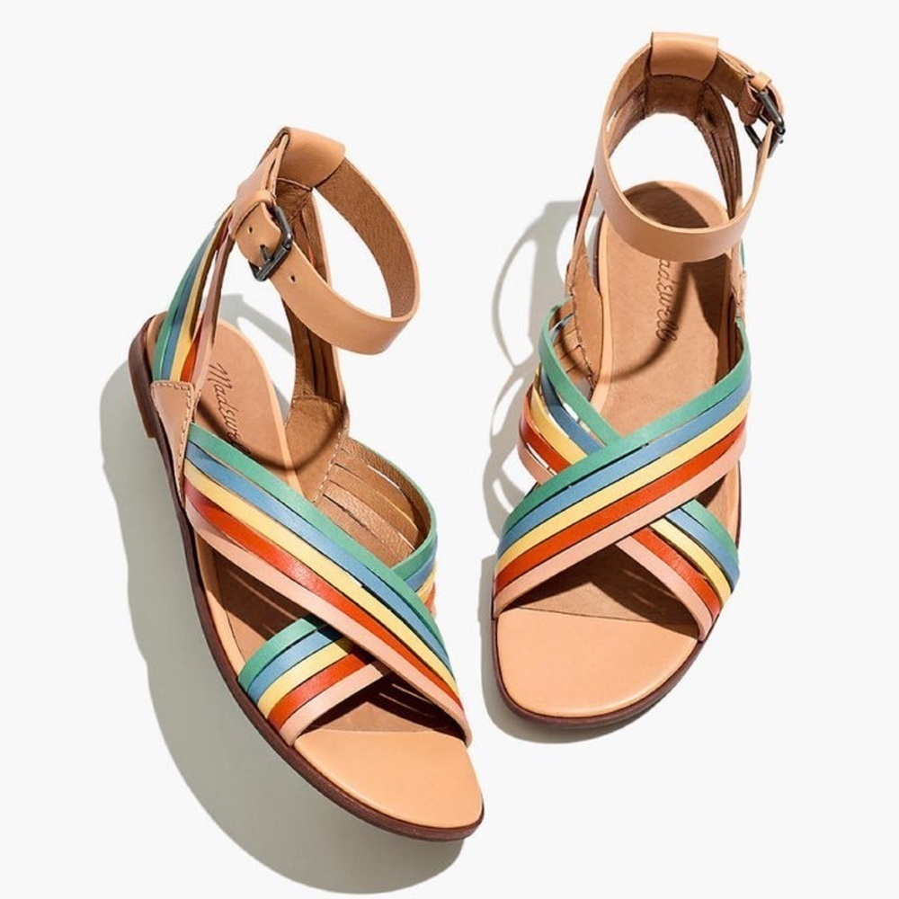 Madewell The Samira Flat Sandal Leather Size 7 in Sundried Wheat Multi Strappy